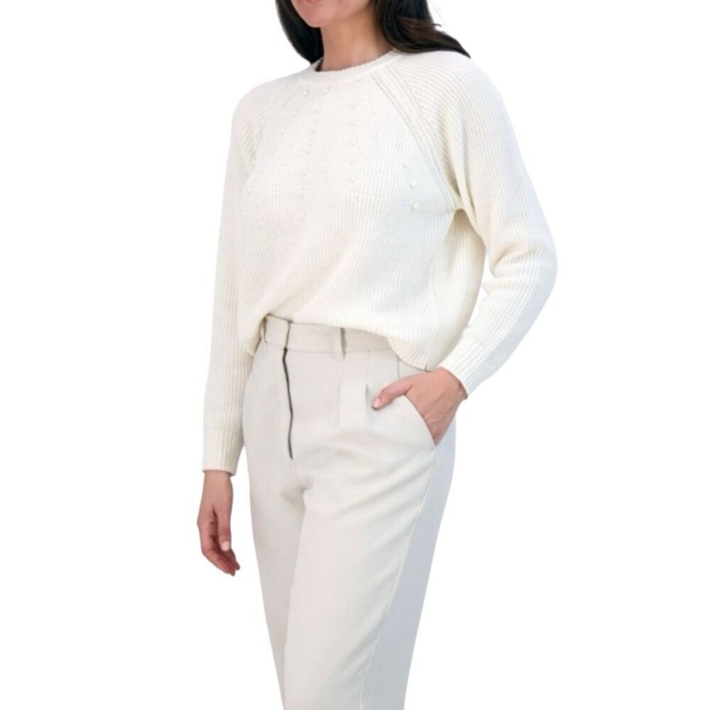 French Connection Women's Embellished Cream Sweater Size L